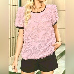 SHEIN Essnce Women Short Sleeve Chiffon Contrast Trim Fringe Blouse Size Medium